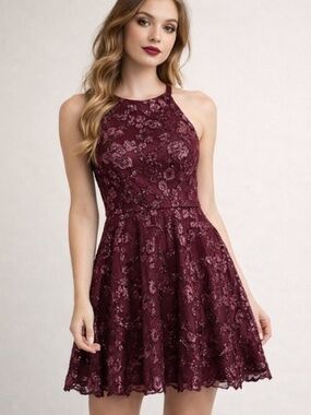 Soieblu Sequin Floral Overlay Prom Dress in Deep Wine, Size Medium